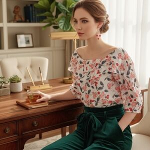 Zac & Rachel Floral Ruffle Boat Neck 3/4 Sleeve Blouse – Size Small